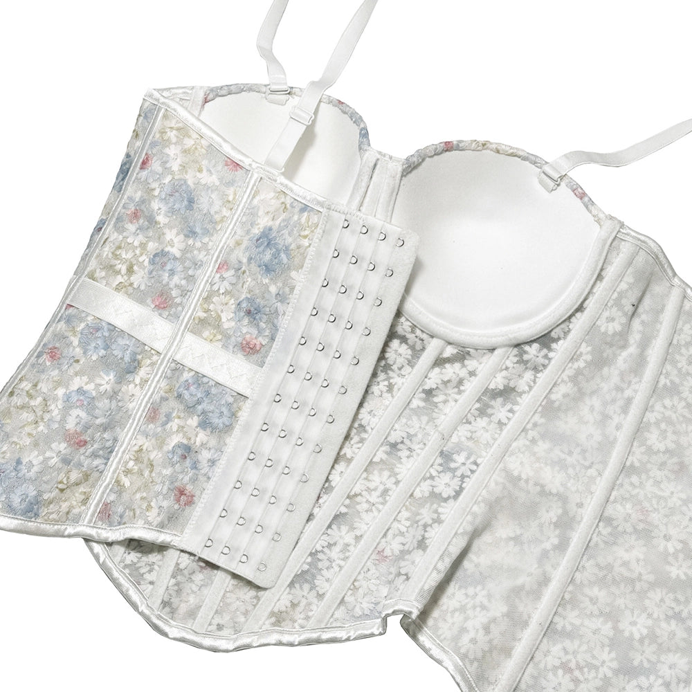 Floral Mesh Corset Top Underwire Bustier Sheer Crop Top Spaghetti Strap