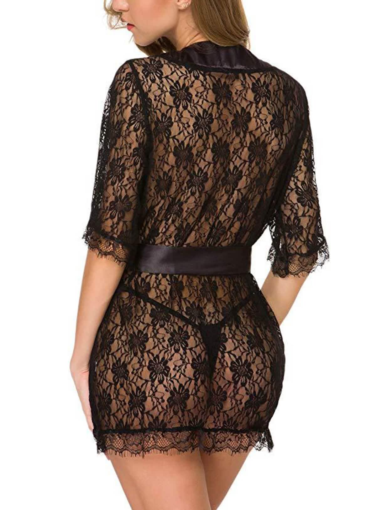 Sexy lace embroidered sleepwear, sheer hollow-out robe, lingerie set with belt and panties.