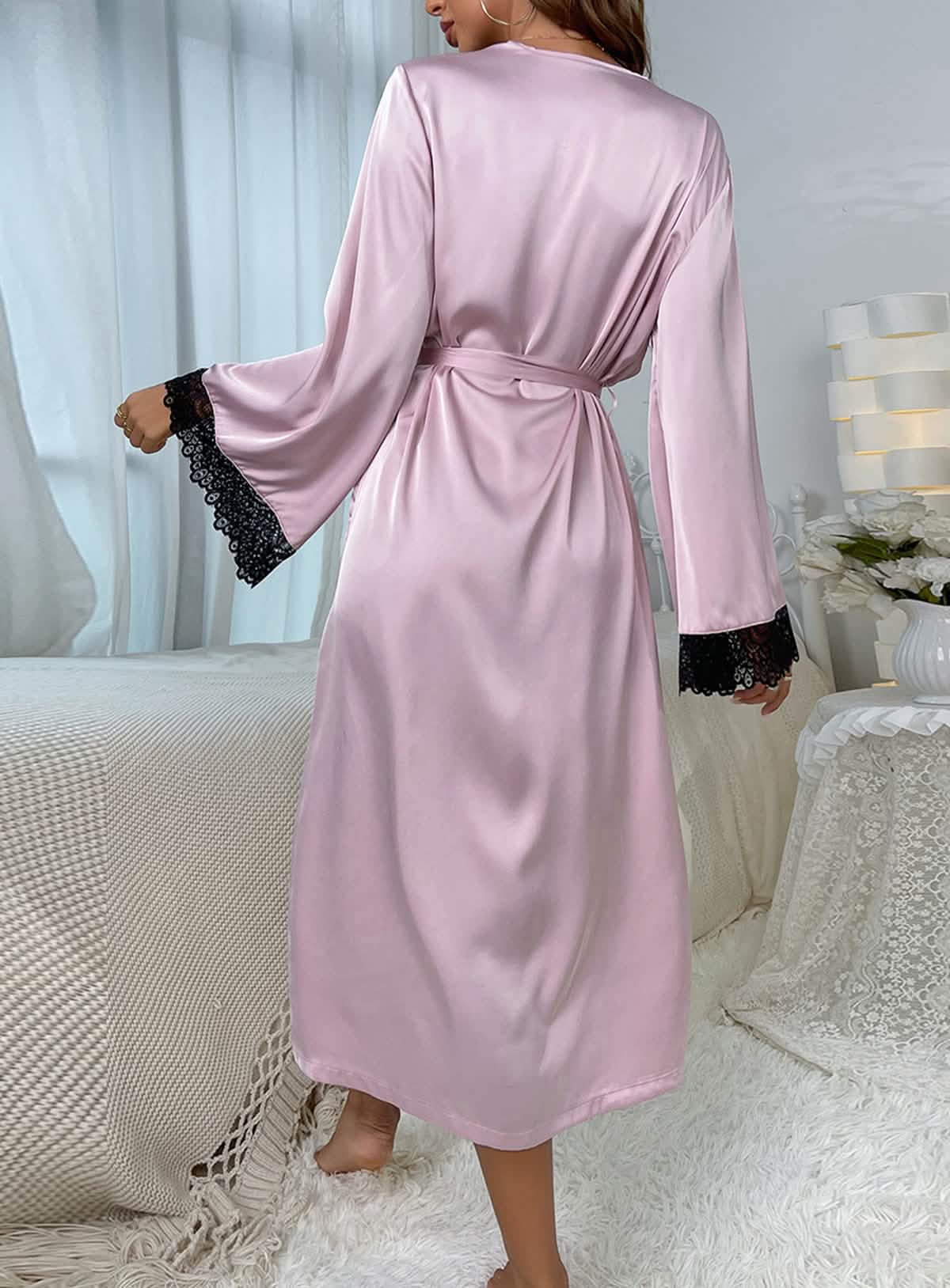 Sexy silk low cut high slit lace lace belt pajamas dressing gowns