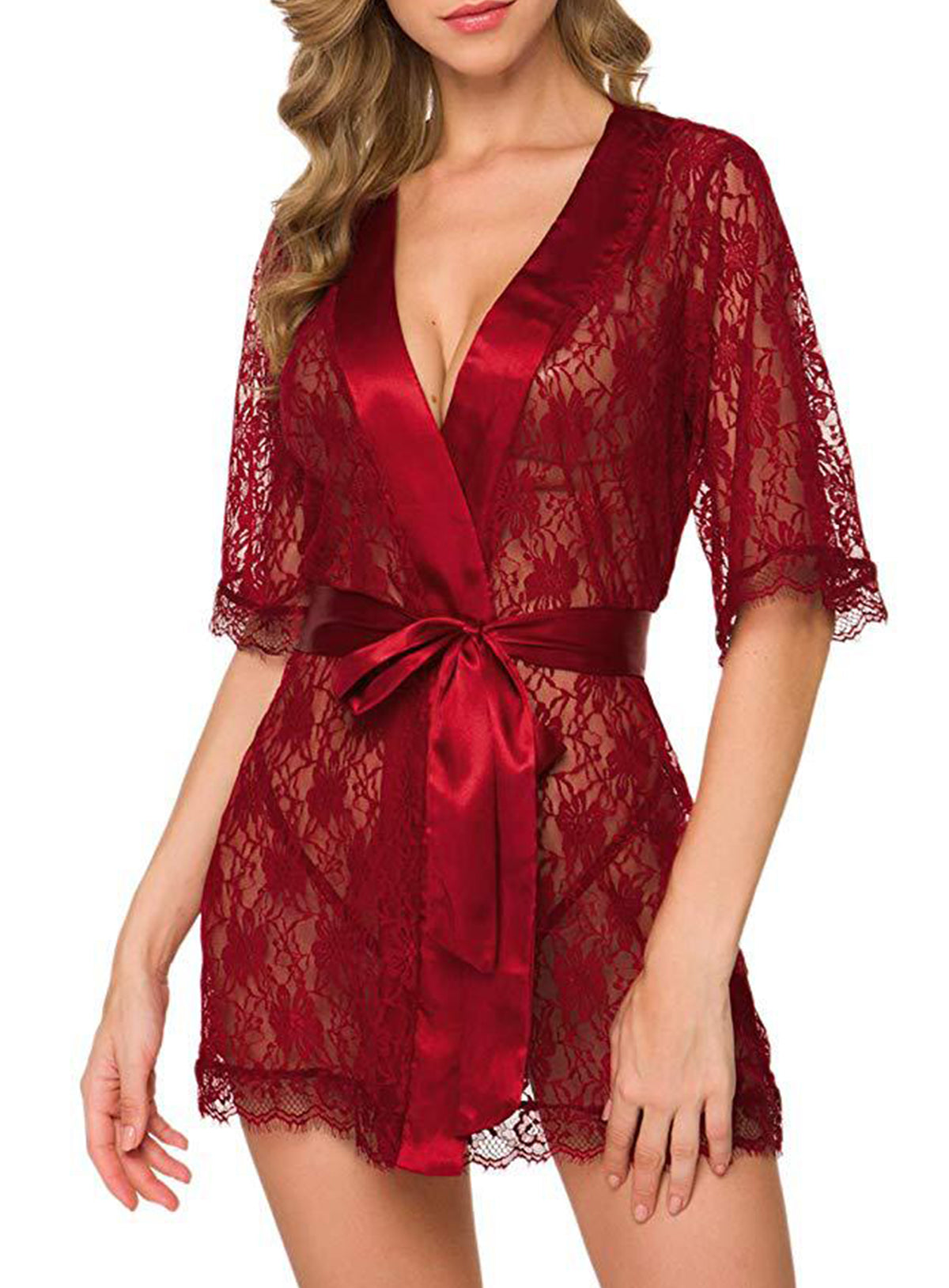 Sexy lace embroidered sleepwear, sheer hollow-out robe, lingerie set with belt and panties.