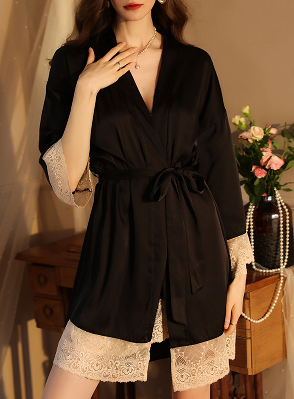 Sexy silk lace embroidery embroidery low-cut pajamas, nightgowns, sundresses, sets, bathrobes