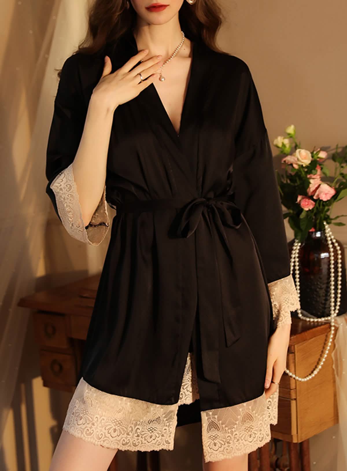 Satin Lace Embroidery Nightgown Robe Dress Set