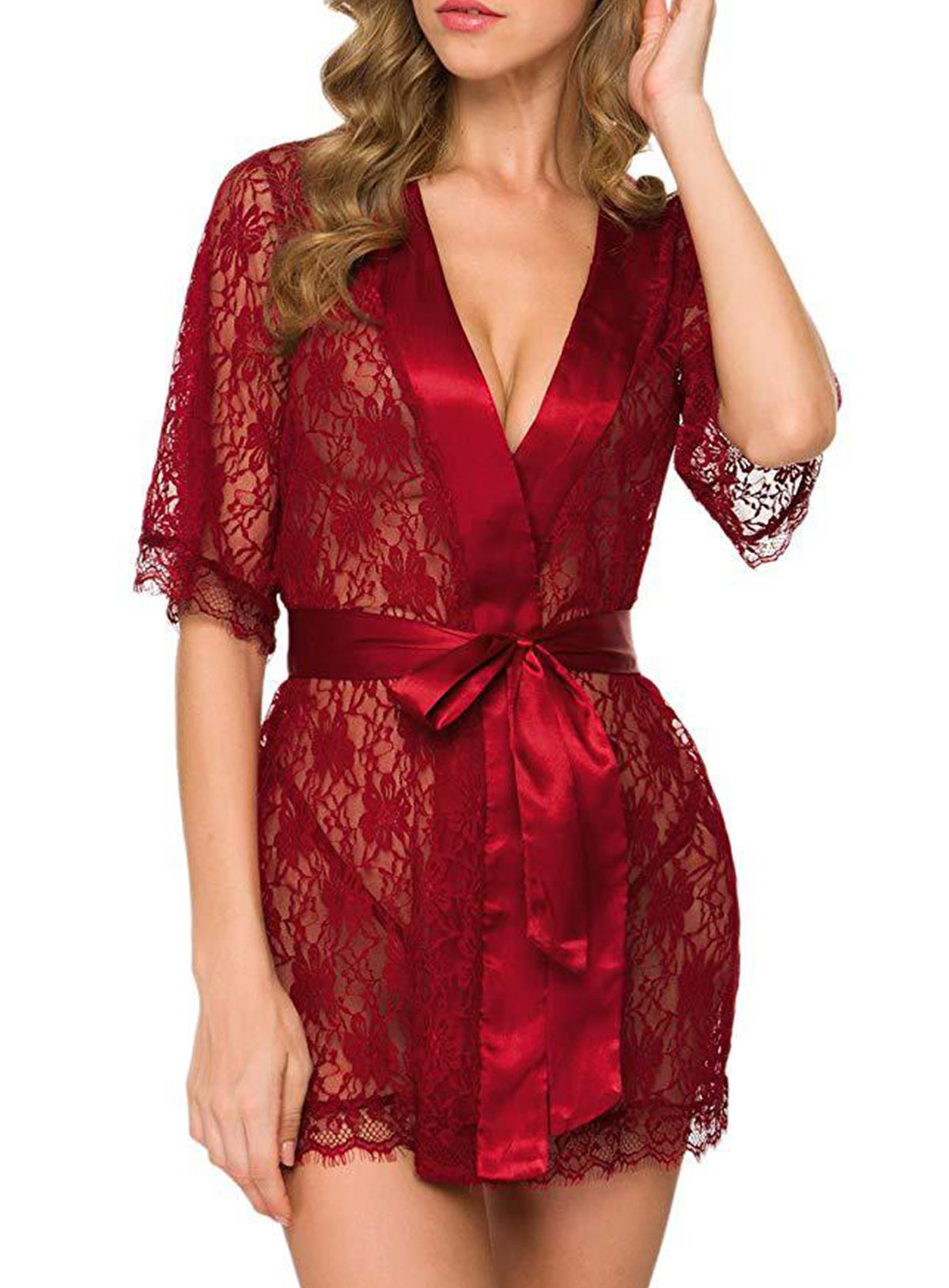 Sexy lace embroidered sleepwear, sheer hollow-out robe, lingerie set with belt and panties.