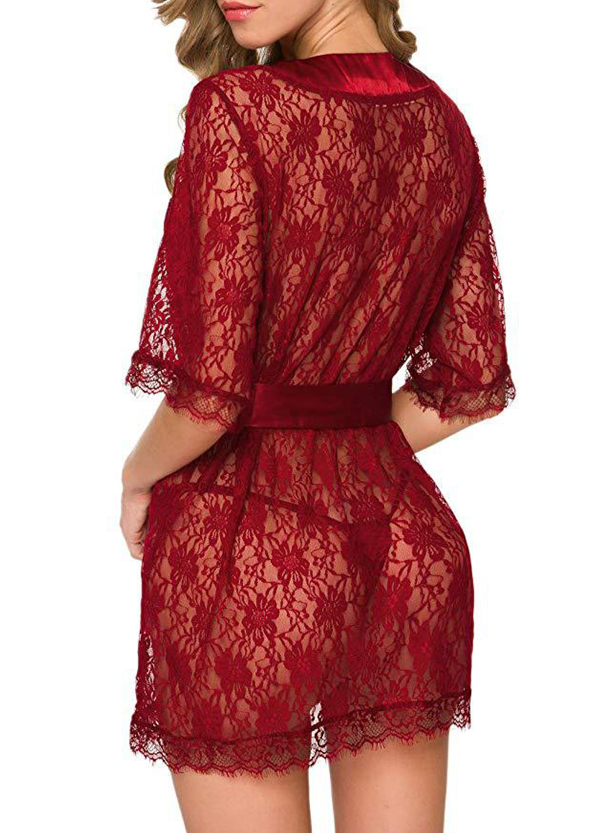 Sexy lace embroidered sleepwear, sheer hollow-out robe, lingerie set with belt and panties.