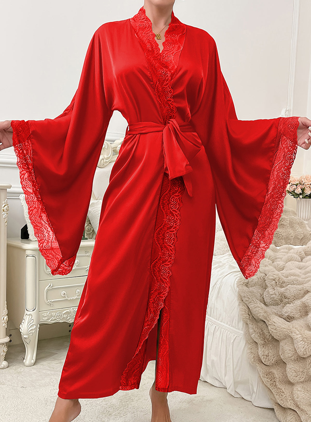 Sexy silk low cut high slit lace lace belt belt sheer cut-out pajamas dressing gown