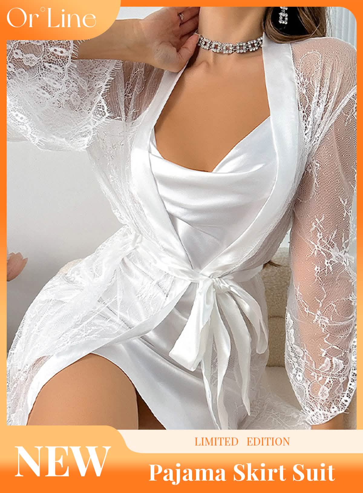 Sexy lace embroidered nightwear, sheer hollow robe, lingerie set, silk cami nightgown.