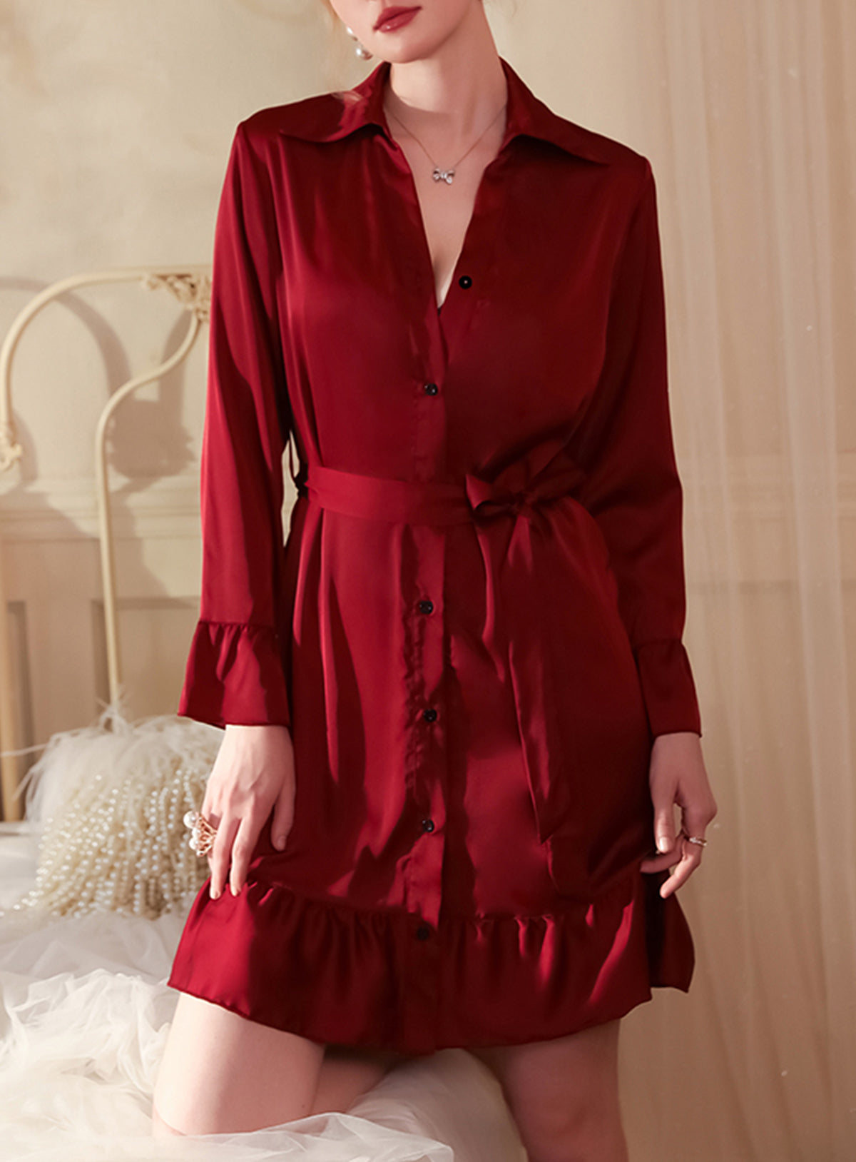 Sexy silk French court style shirt dress with belt sheer pajamas dressing gown