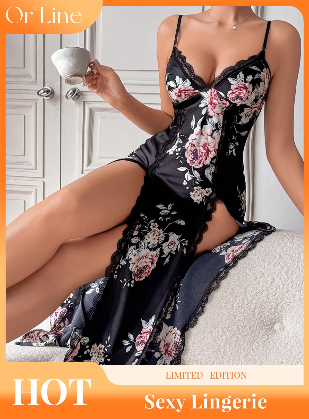 Sexy black silk lace embroidery embroidered lingerie see-through cutout seduction exposed high slit sundress, miniskirt pajamas pajamas