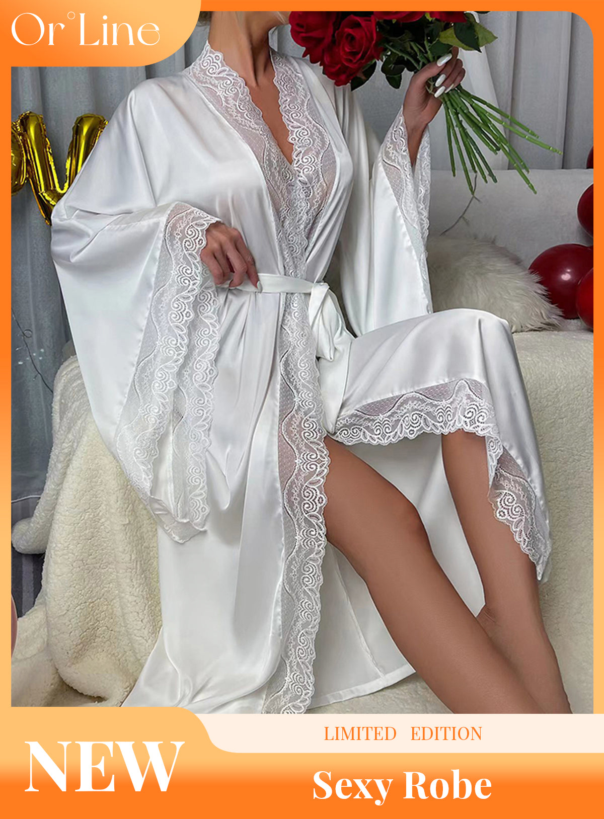 Sexy silk low cut high slit lace lace belt belt sheer cut-out pajamas dressing gown