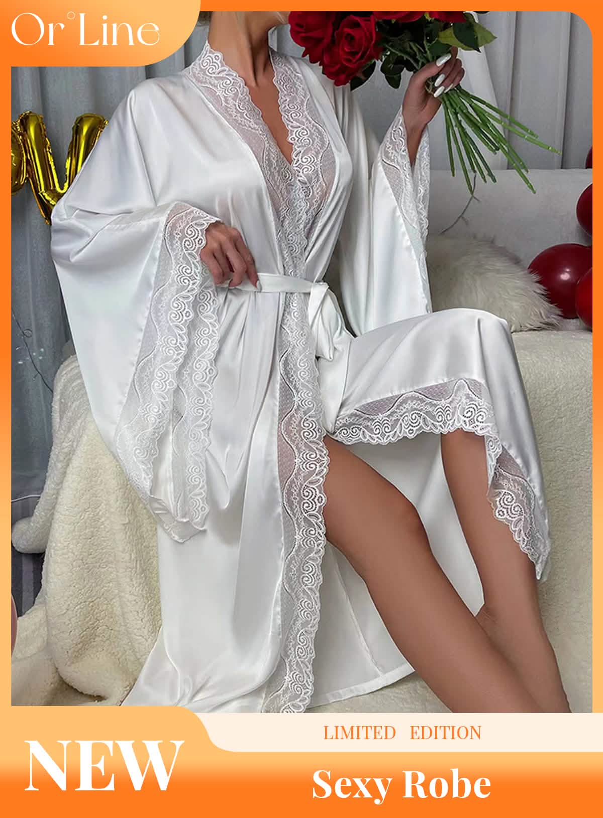 Sexy silk low cut high slit lace lace belt belt sheer cut-out pajamas dressing gown