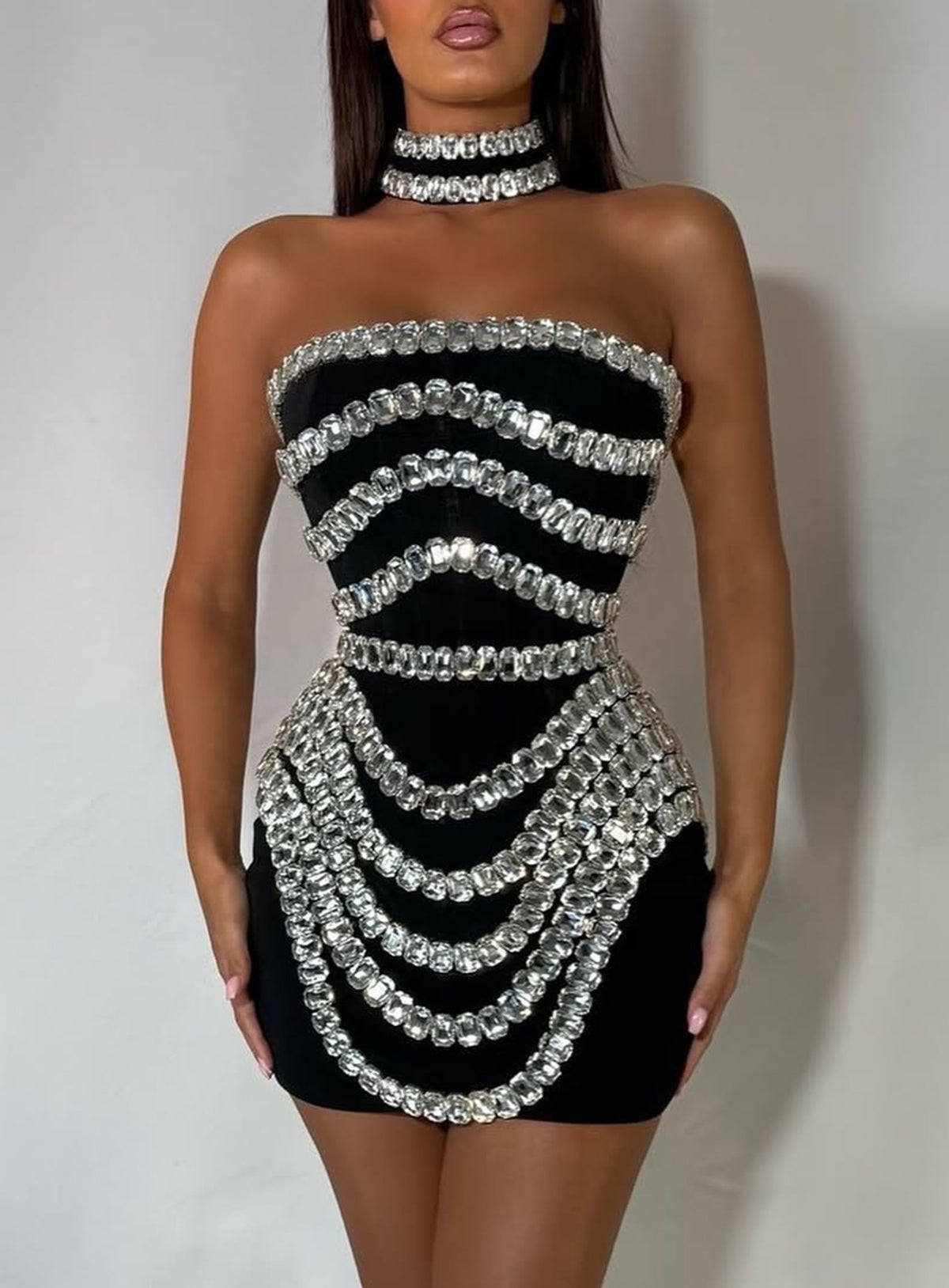 Celestia – Crystal-Draped Strapless Mini Dress