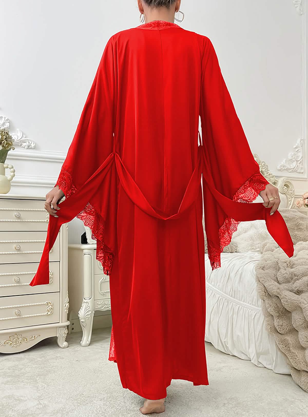 Sexy silk low cut high slit lace lace belt belt sheer cut-out pajamas dressing gown