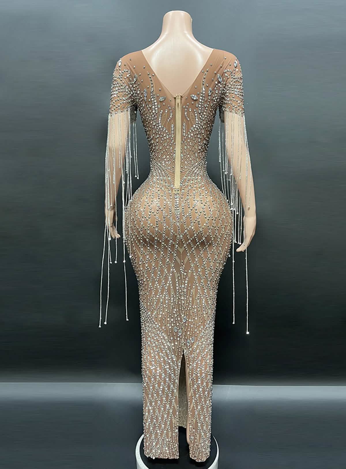 Crystal Beaded Fringe Gown