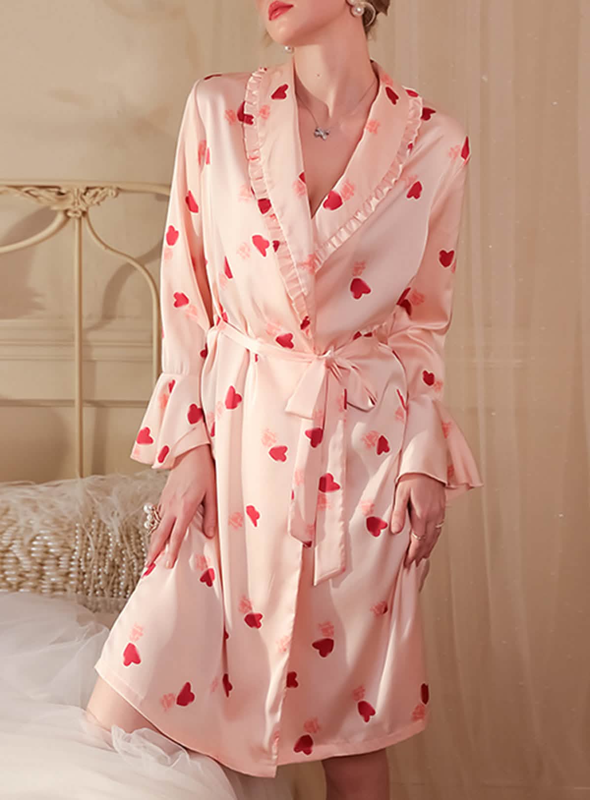 Sexy pink silk cute palace style high slit pajamas, nightgowns, bathrobes, morning robes