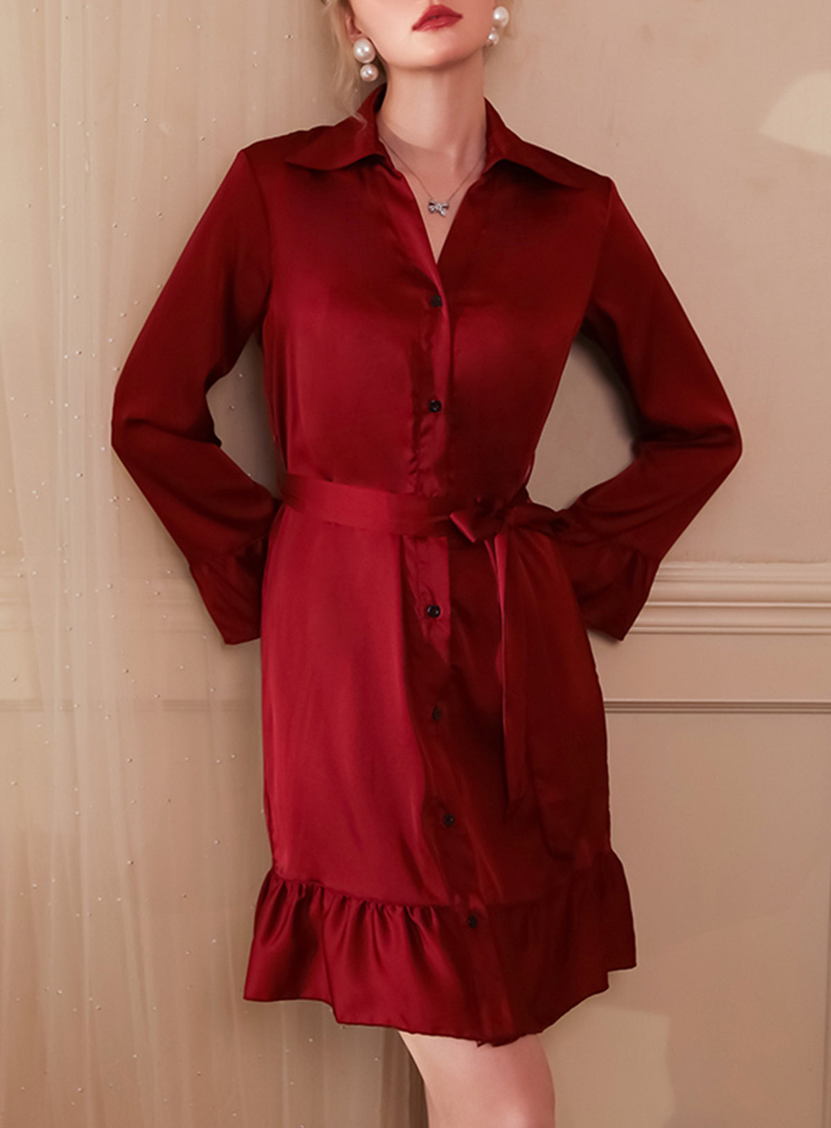 Sexy silk French court style shirt dress with belt sheer pajamas dressing gown