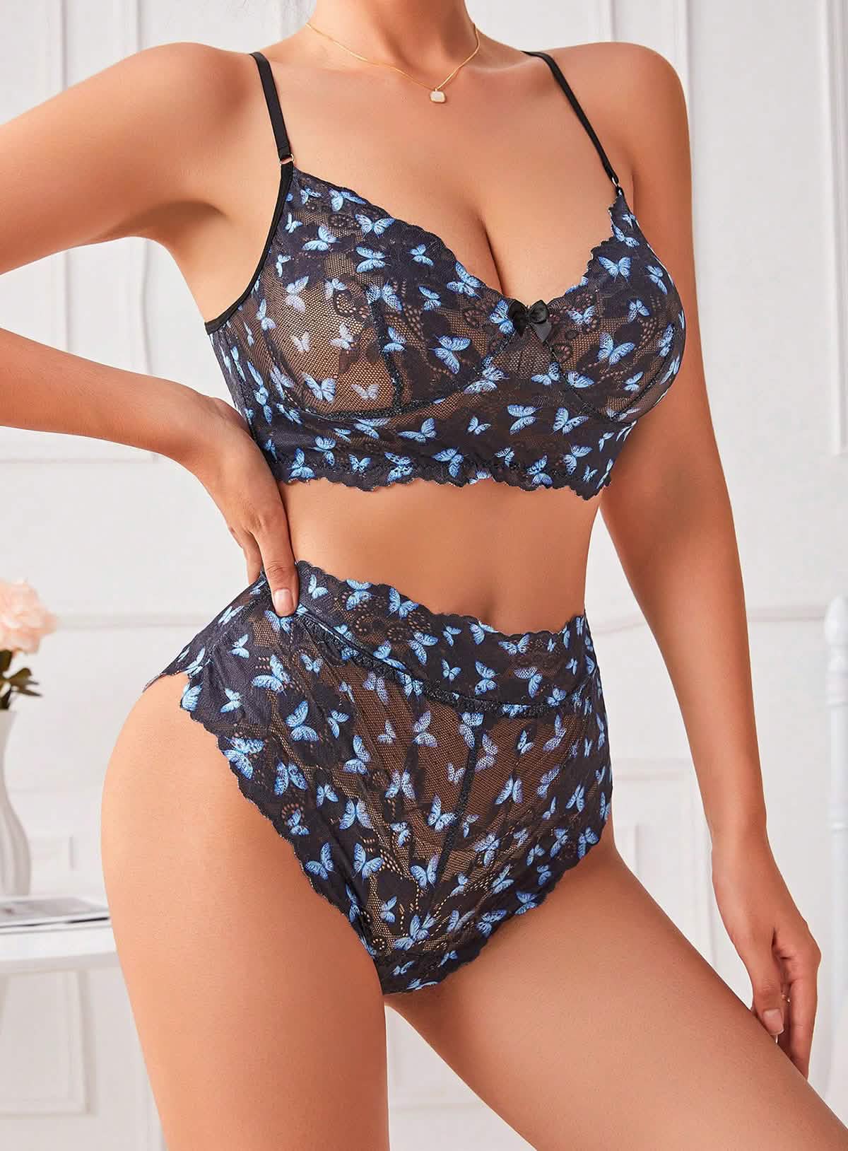 Sexy blue lace embroidery embroidered bikini lingerie see-through cut-out erotic outfit seduction bra panties set
