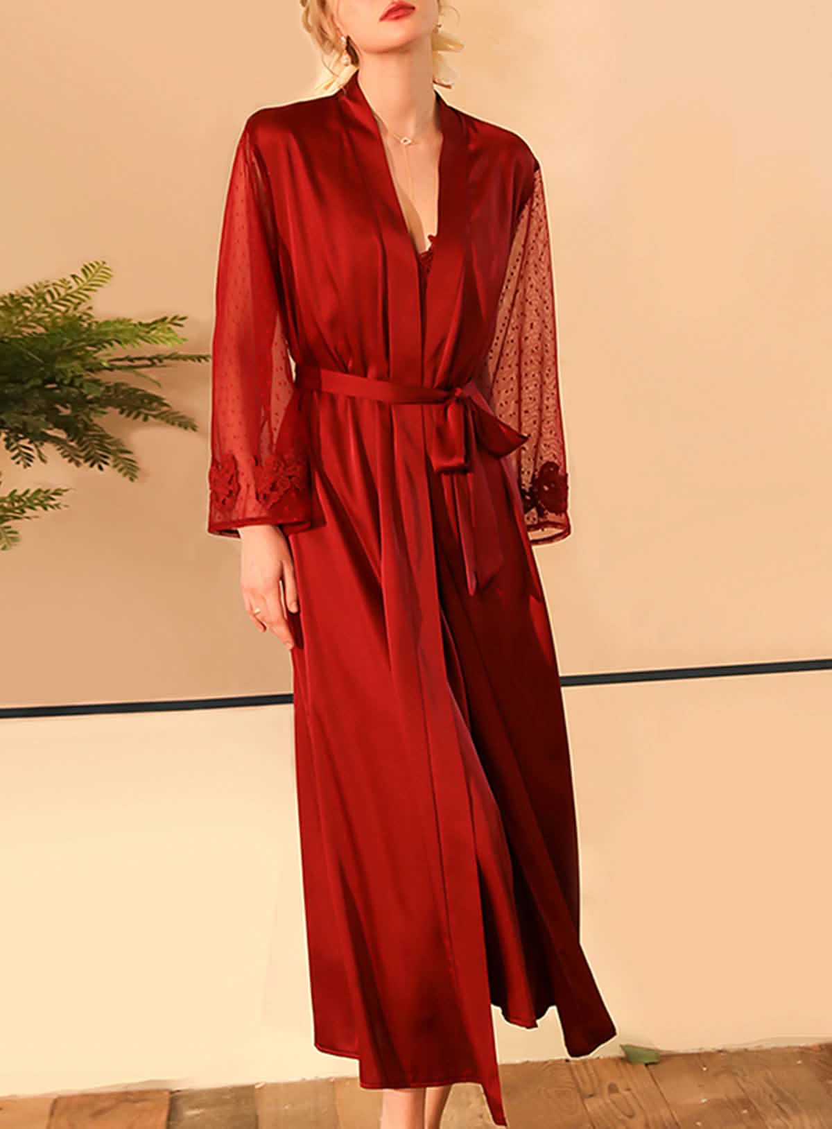 Sexy silk, court lace, embroidery, underwear, see-through, cut-out, open back, high slit sundress, pajamas, pajamas, nightgown, bathrobe, belt set