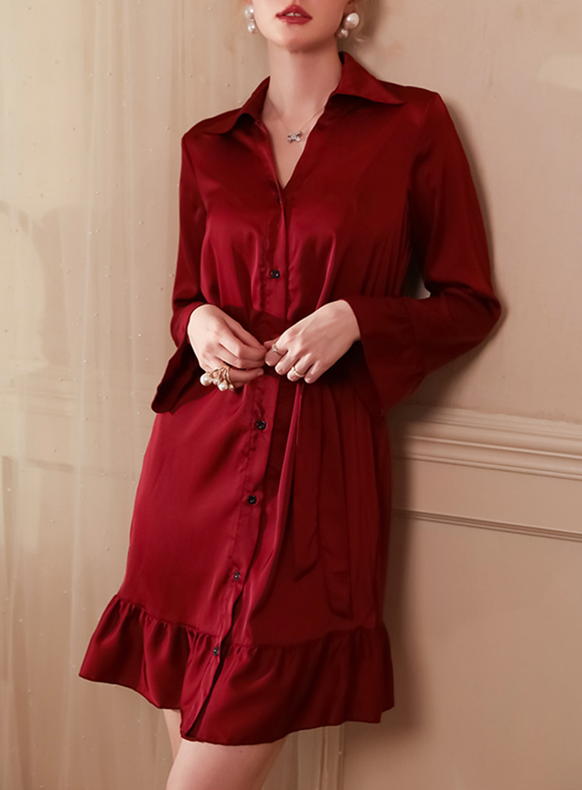 Sexy silk French court style shirt dress with belt sheer pajamas dressing gown