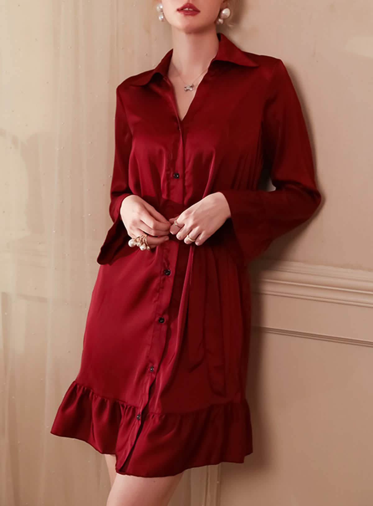 Sexy silk French court style shirt dress with belt sheer pajamas dressing gown