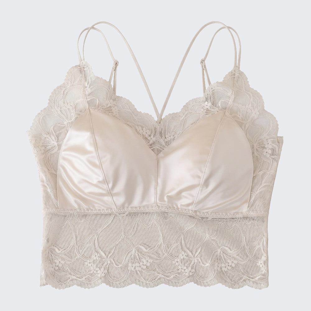 Satin Lace Backless Cami Cross Strap Built-in Fixed Cups Crop Top