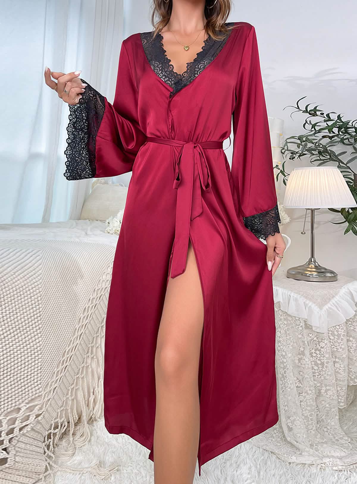 Sexy silk low cut high slit lace lace belt pajamas dressing gowns