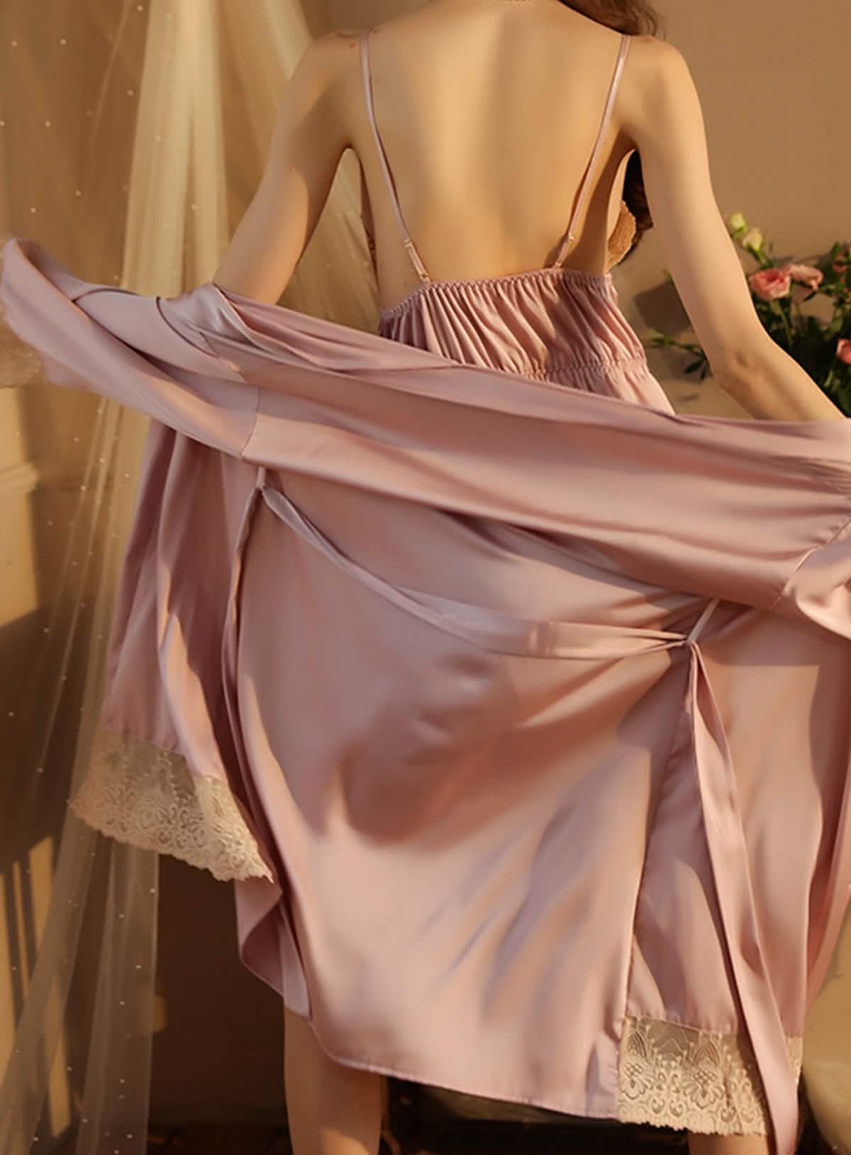Satin Lace Embroidery Nightgown Robe Dress Set