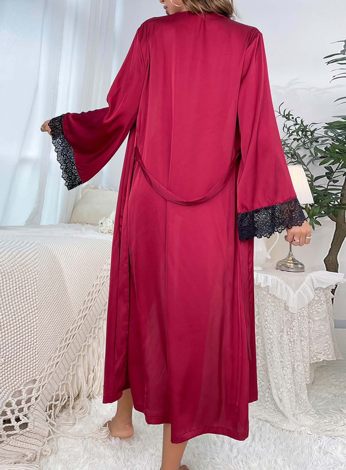 Sexy silk low cut high slit lace lace belt pajamas dressing gowns