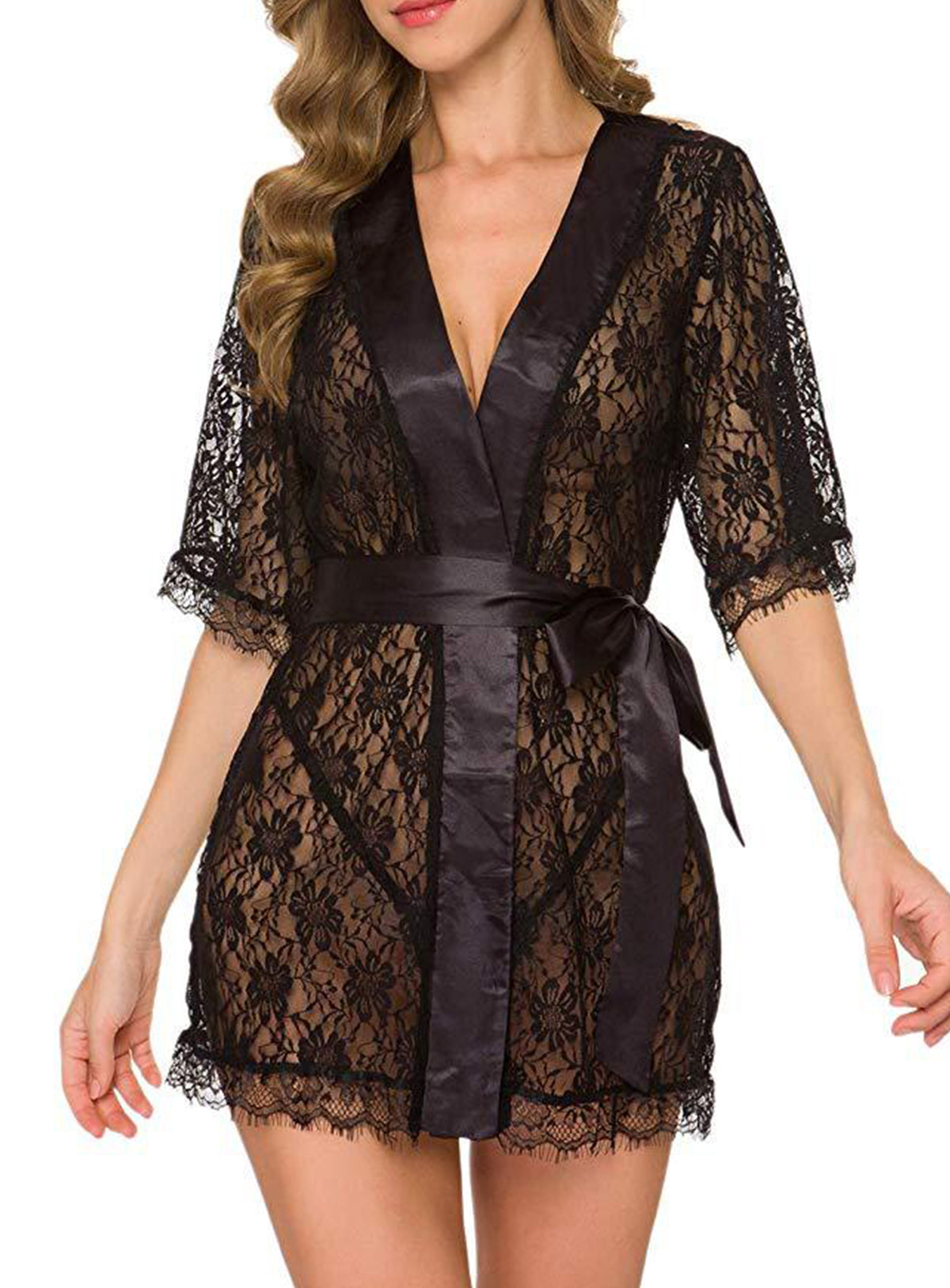 Sexy lace embroidered sleepwear, sheer hollow-out robe, lingerie set with belt and panties.