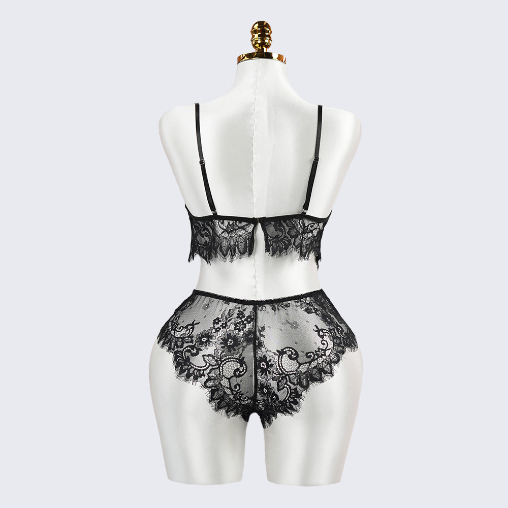 Sexy Black Lace Embroidery Lingerie See-Through Sexy Bra Panties Set