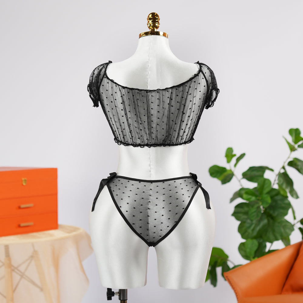 Black Polka Dot See-Through Hollow Bra Panty Set