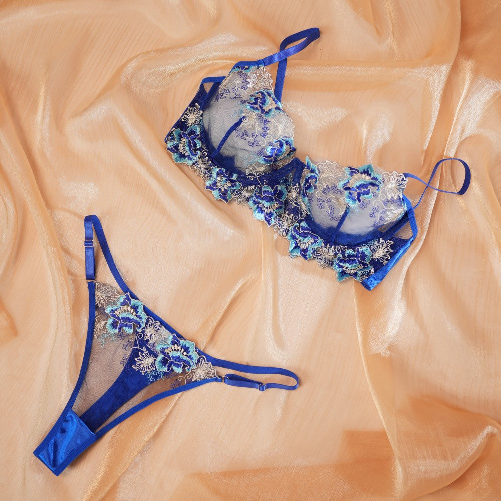 Blue Floral Lace Embroidered See-through Bra