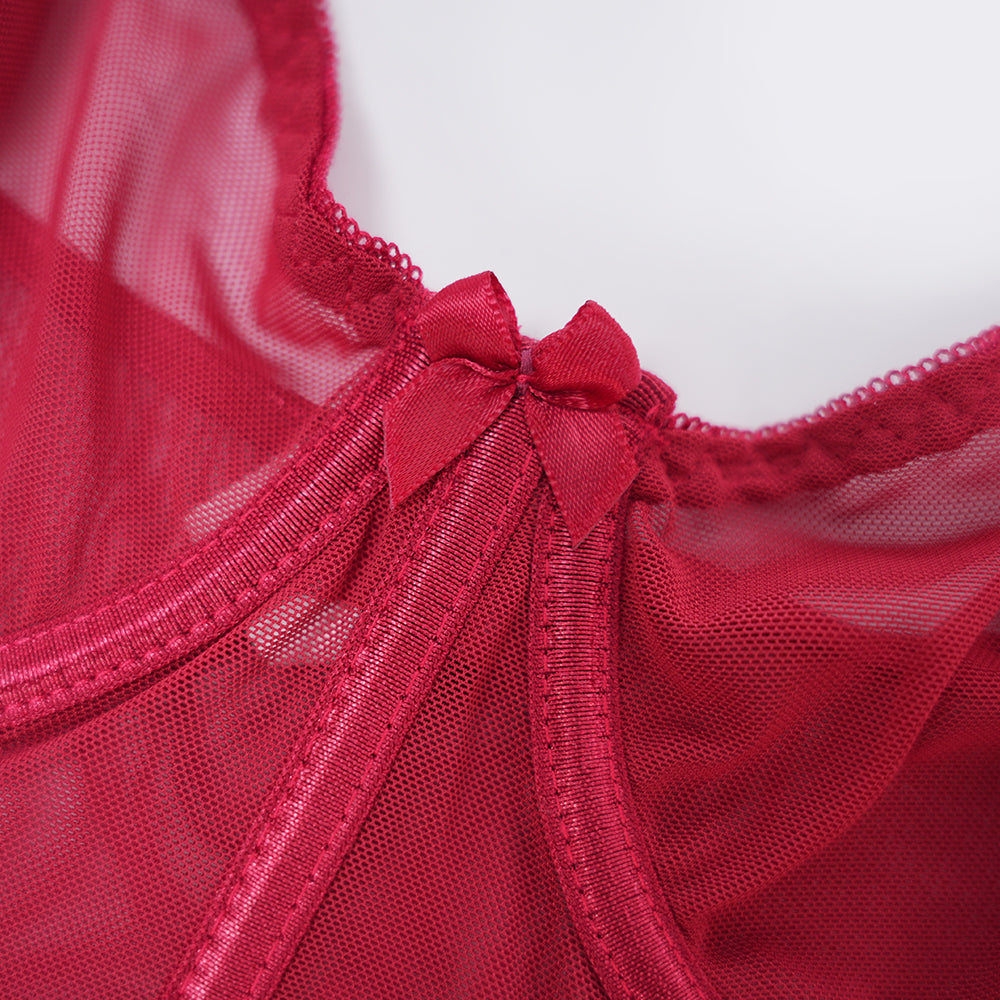 Red Sheer Mesh Lingerie Bra Panty Dress Set