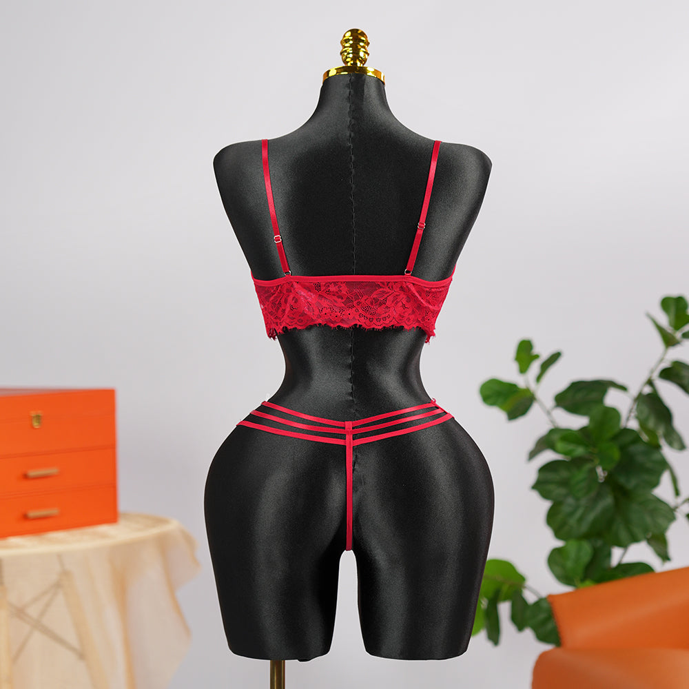 Red Lace Embroidery See-Through Sexy Bra Thong Set