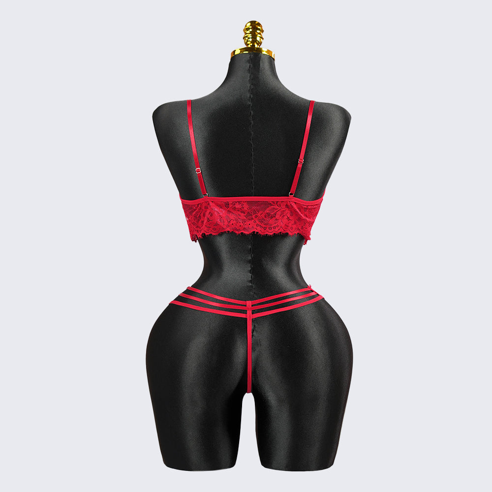 Red Lace Embroidery See-Through Sexy Bra Thong Set
