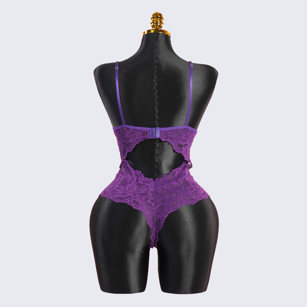 Purple Hollowed-out Lace Bodysuit