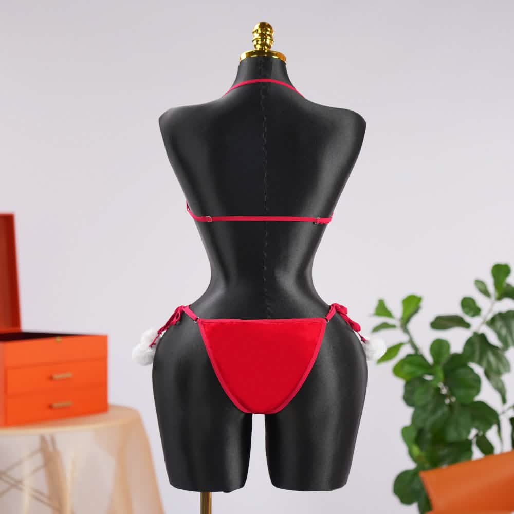 Red Velvet Pom-Pom Embellishment Bra & Panty Sets