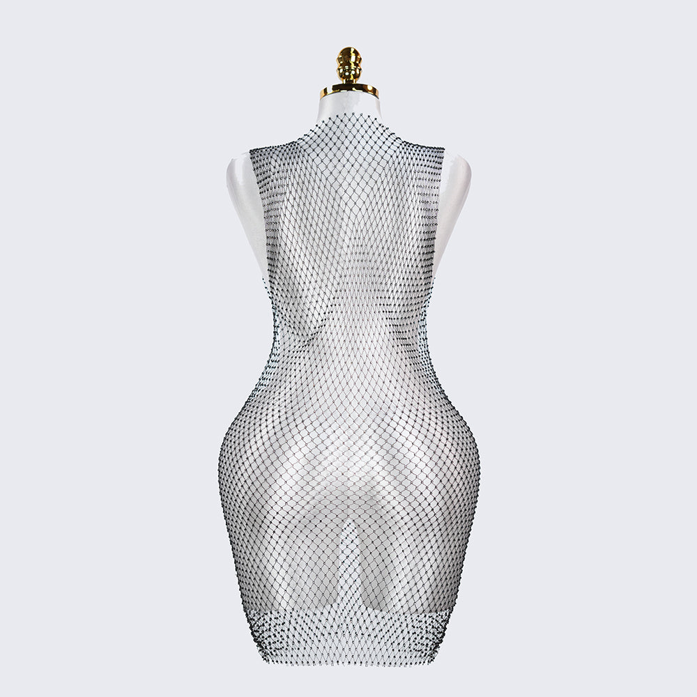 Rhinestone Crystal Square Neck Sleeveless Fishnet Dress