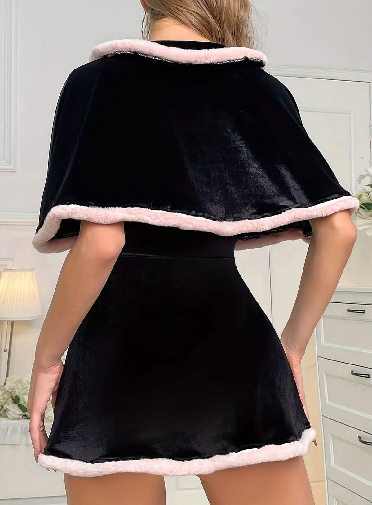 Sexy Black Velvet Cape Suspender Miniskirt