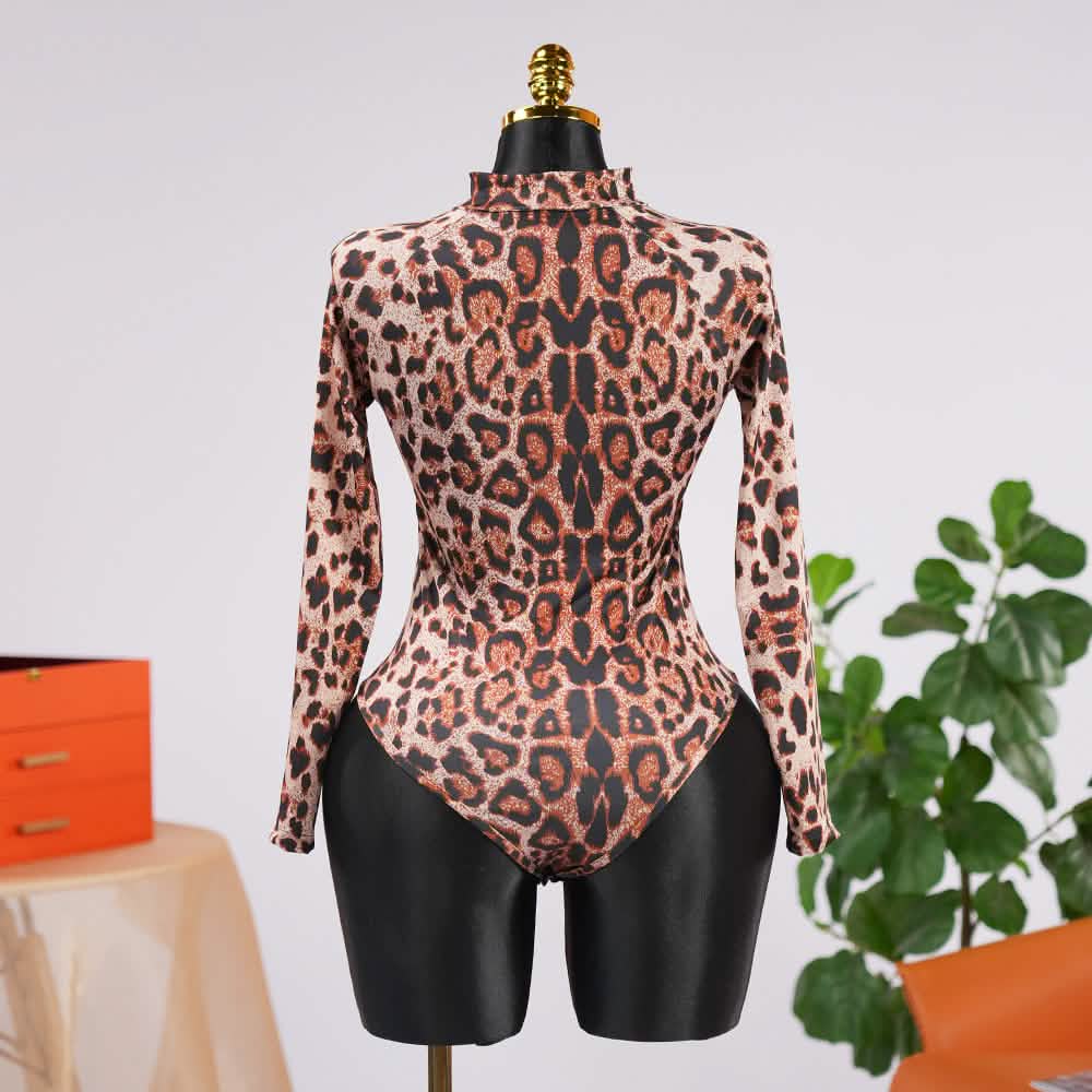Sexy Leopard Long Sleeve Zipper Bodysuit