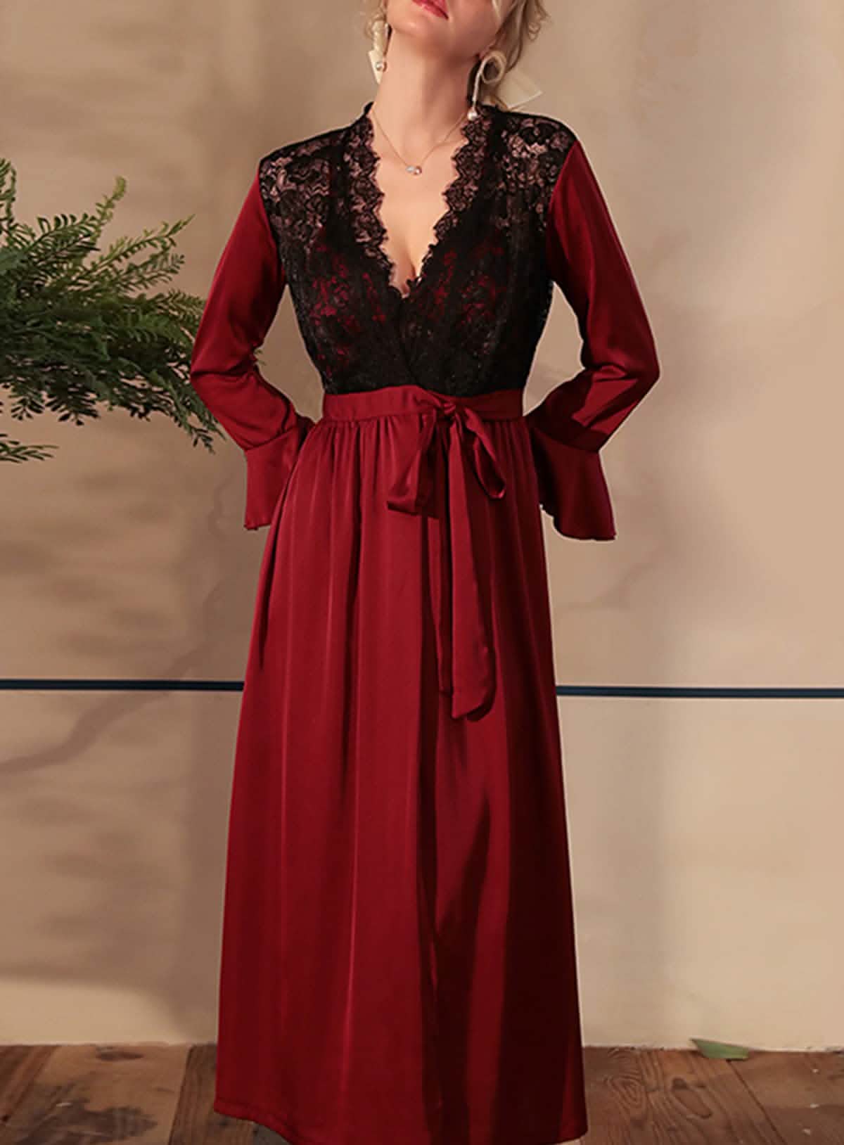 Sexy silk lace embroidery bridal belt low cut lingerie see-through cut-out seduction pajamas nightgown bathrobe