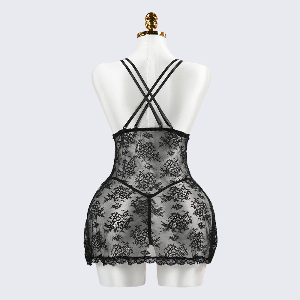 Sexy Black Lace Embroidery Sheer Seduction Babydoll Lingerie