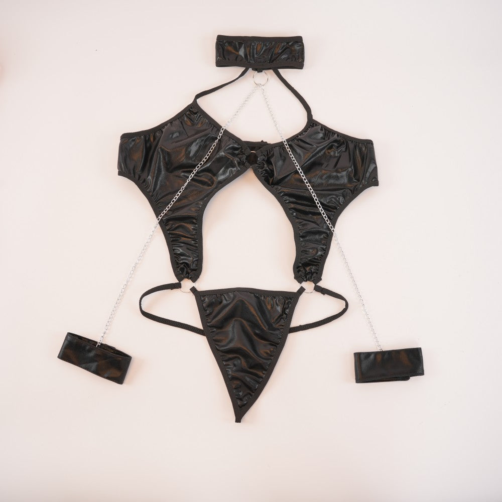 Sexy Black Leather Lingerie Bodysuit