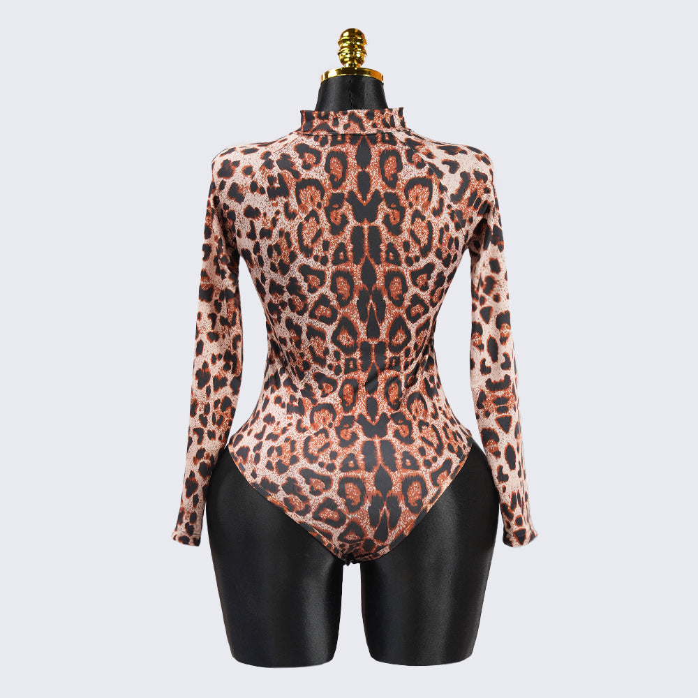 Sexy Leopard Long Sleeve Zipper Bodysuit