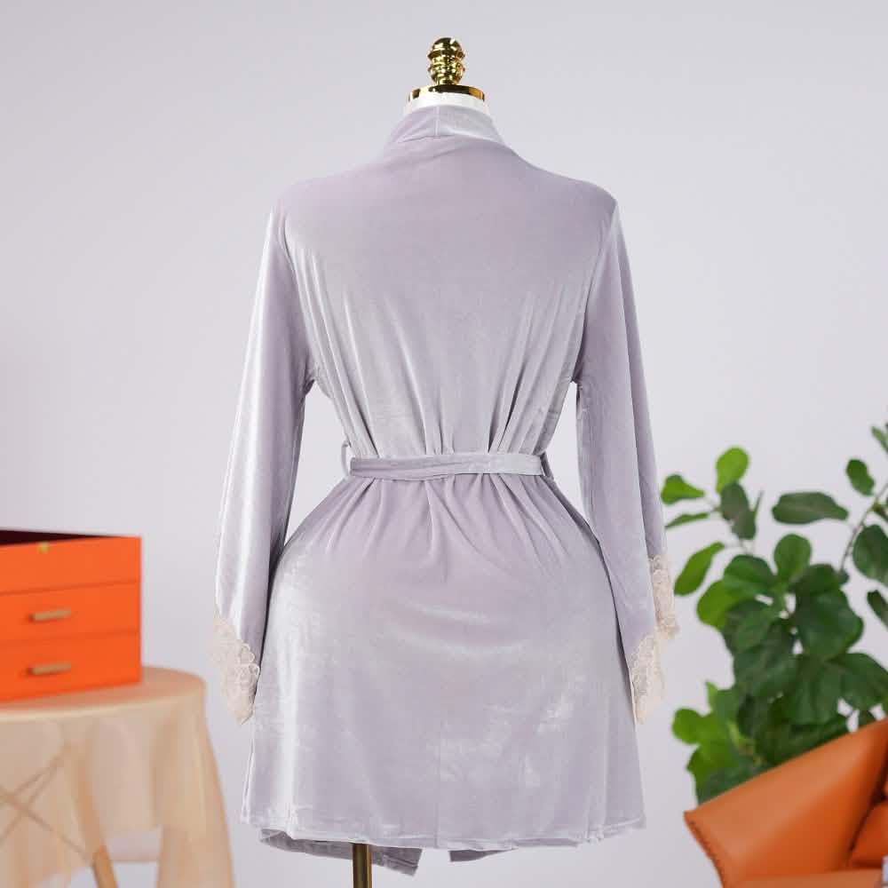 Warm Cozy Velvet Lace Embroidery Bathrobe