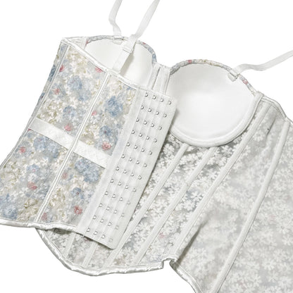 Floral Mesh Corset Top Underwire Bustier Sheer Crop Top Spaghetti Strap