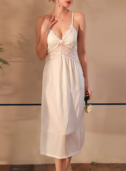 Sexy silk lace embroidery bridal wedding dress style deep V low cut lingerie see-through cut-out seduction dress sundress