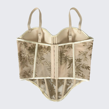 Embroidered Boned Corset Top Built-in Pad Sheer Bustier Camisole
