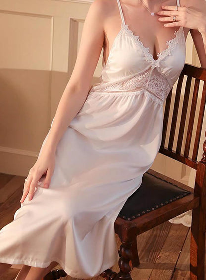 Sexy silk lace embroidery bridal wedding dress style deep V low cut lingerie see-through cut-out seduction dress sundress