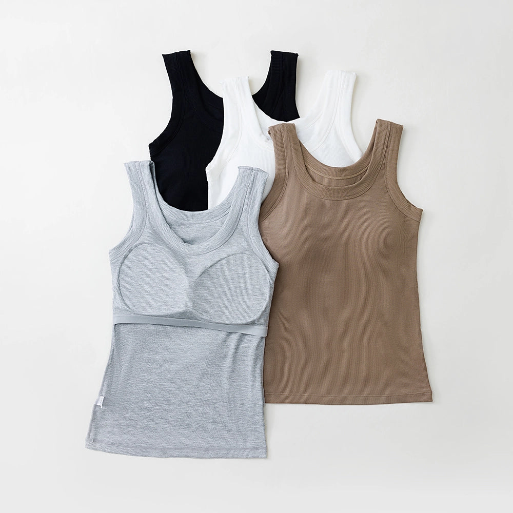 Women's Built In Bra Tank Top | Padded Crew Neck Slim Fit Camisole