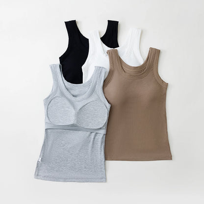 Women's Built In Bra Tank Top | Padded Crew Neck Slim Fit Camisole